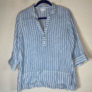 J Jill Love Linen Relaxed striped blue button Shirt Long Sleeve 100% Linen ruffl